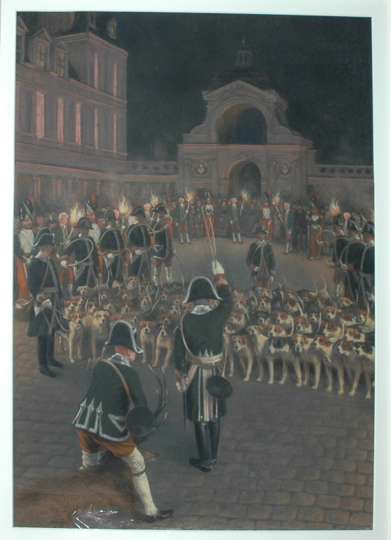 Curée aux flambeaux, équipage de Napoléon III dans la cour du château de Fontainebleau (titre factice)