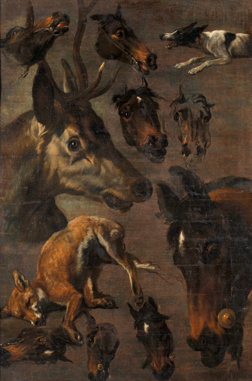 Têtes de chevaux, cerf, renard et chien